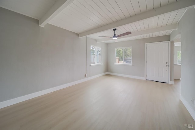 unfurnished room with a ceiling fan, beam ceiling, baseboards, wooden ceiling, and light wood-style floors