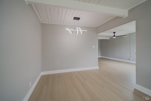 empty room featuring baseboards, ceiling fan with notable chandelier, wood finished floors, and beamed ceiling