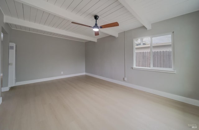 unfurnished room featuring ceiling fan, beam ceiling, wooden ceiling, baseboards, and light wood-style flooring