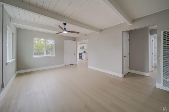 unfurnished living room with light wood-style floors, a ceiling fan, baseboards, and beamed ceiling