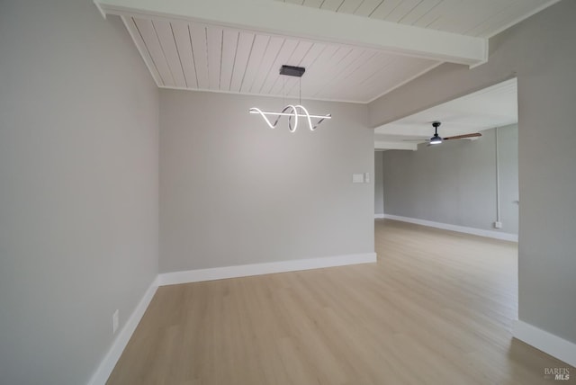unfurnished dining area featuring baseboards, wood ceiling, wood finished floors, and beamed ceiling