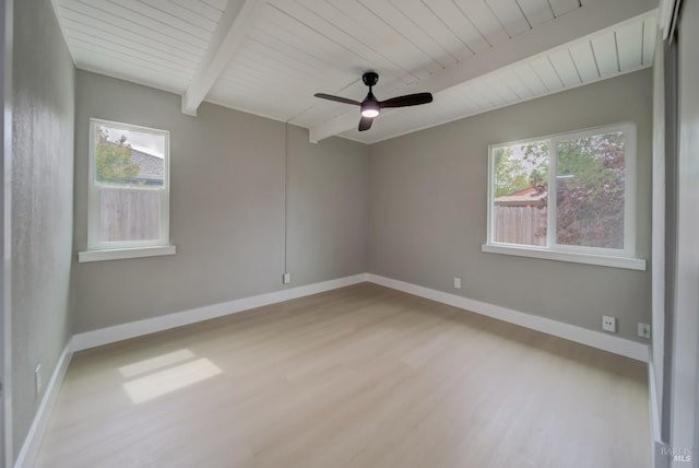 unfurnished room with wood finished floors, beamed ceiling, baseboards, ceiling fan, and wood ceiling