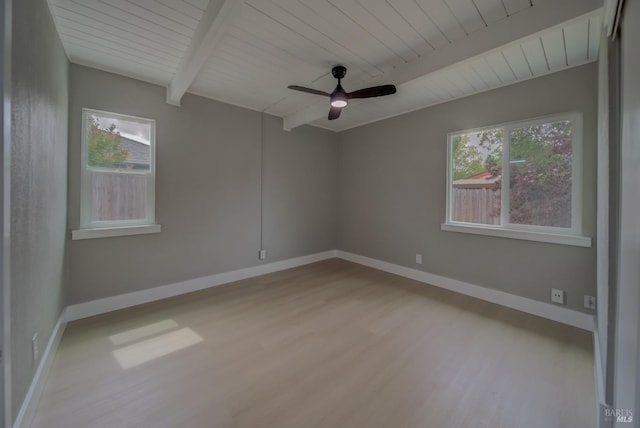 unfurnished room with a ceiling fan, light wood-type flooring, beam ceiling, wooden ceiling, and baseboards