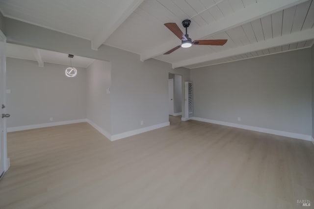 unfurnished room with baseboards, light wood finished floors, and beam ceiling