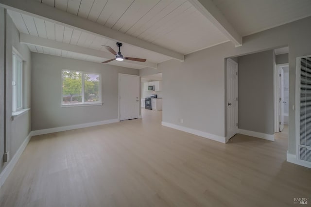 unfurnished living room featuring baseboards, a ceiling fan, light wood-style flooring, and beamed ceiling