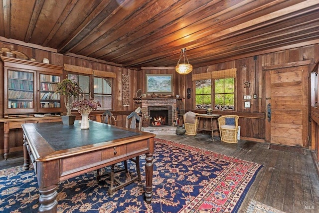 2426 S Fitch Mountain Rd, Healdsburg, CA 95448 - dining area featuring wood ceiling, wooden walls, a brick fireplace, and wood-type flooring