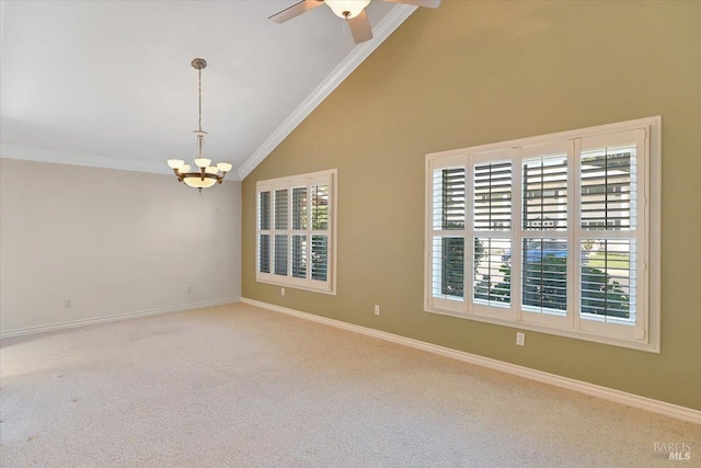 581 Werner Way, Vacaville, CA 95688 - unfurnished room with carpet, a chandelier, baseboards, crown molding, and high vaulted ceiling