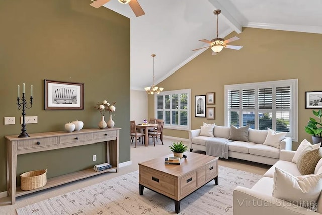 581 Werner Way, Vacaville, CA 95688 - living room featuring a ceiling fan, high vaulted ceiling, light carpet, a chandelier, and beamed ceiling