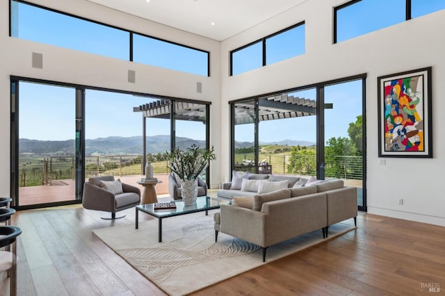 living room featuring baseboards, wood-type flooring, a mountain view, and a towering ceiling