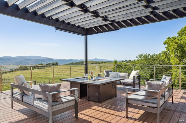 1049 Loma Vista Dr, Napa, CA 94558 - wooden terrace featuring an outdoor living space with a fire pit, a rural view, and a mountain view