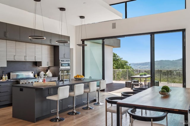 kitchen with dark countertops, a kitchen breakfast bar, stove, wood finished floors, and a mountain view