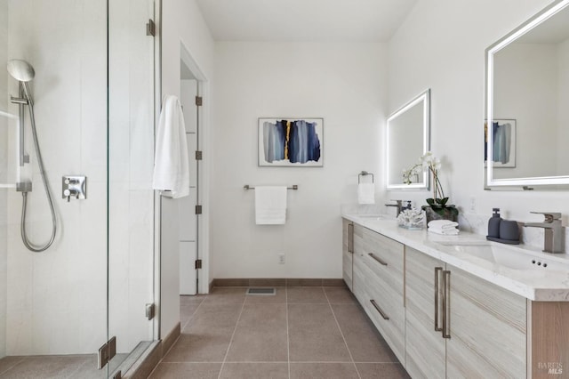 full bathroom featuring tile patterned flooring, double vanity, visible vents, a sink, and a stall shower