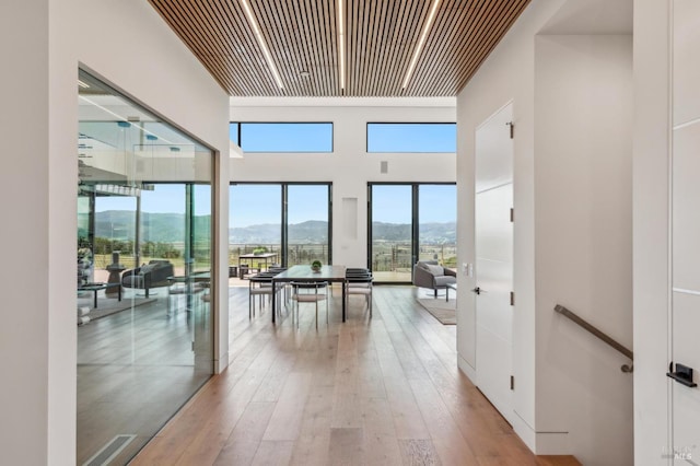 interior space with a high ceiling, wood-type flooring, and a mountain view