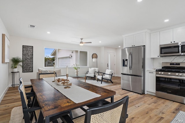 dining area featuring recessed lighting, visible vents, a ceiling fan, light wood-style floors, and baseboards