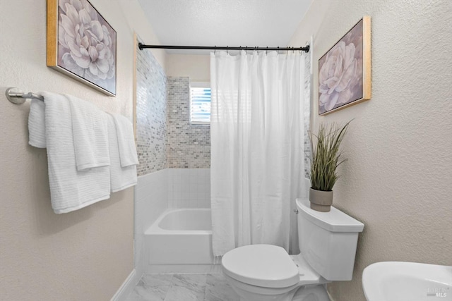 bathroom with a textured wall, toilet, and shower / bathtub combination with curtain