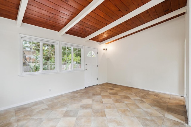 spare room with wood ceiling, vaulted ceiling with beams, baseboards, and light tile patterned flooring