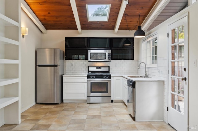 kitchen featuring wooden ceiling, appliances with stainless steel finishes, tasteful backsplash, and a sink