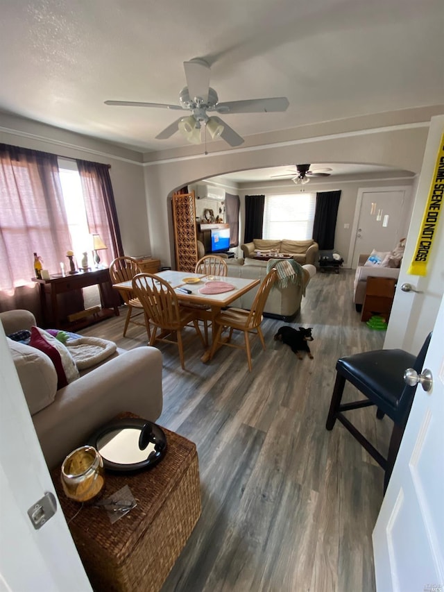 living room with wood finished floors and ceiling fan