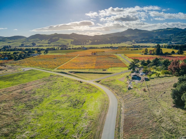 drone / aerial view featuring a rural view and a mountain view