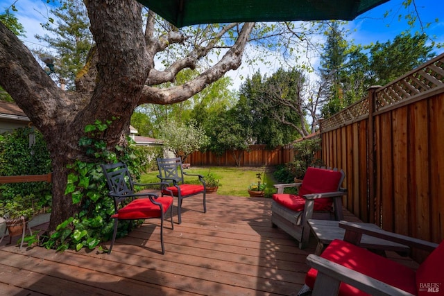 wooden terrace featuring a fenced backyard and a yard