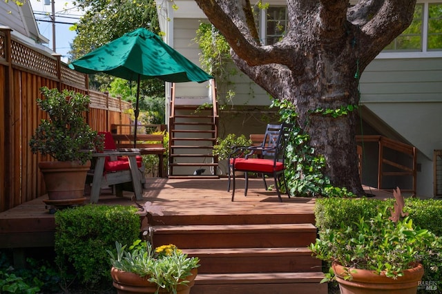 wooden deck featuring fence and stairs