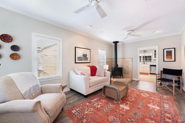 living area with a wood stove, wood finished floors, and ceiling fan