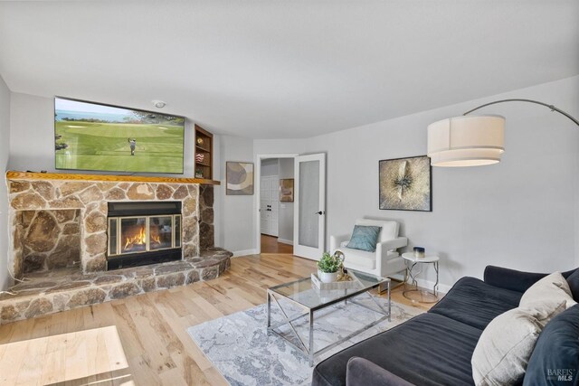 living room with baseboards, wood finished floors, and a fireplace