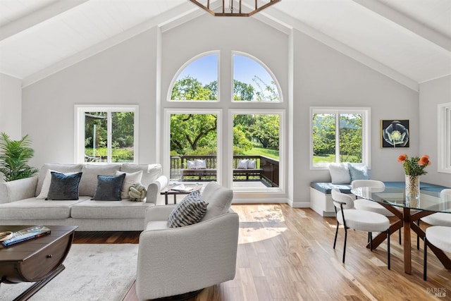 living room with high vaulted ceiling and plenty of natural light