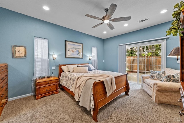 carpeted bedroom with recessed lighting, visible vents, access to exterior, baseboards, and ceiling fan