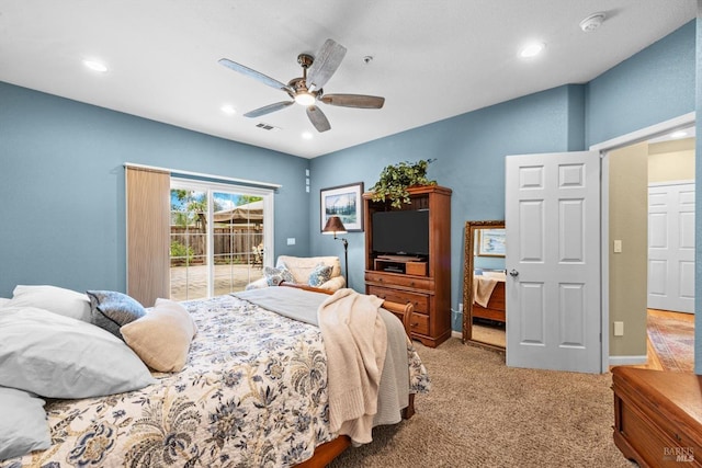 bedroom featuring ceiling fan, carpet floors, access to outside, visible vents, and recessed lighting