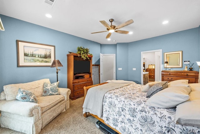 carpeted bedroom with a ceiling fan, ensuite bathroom, visible vents, and recessed lighting