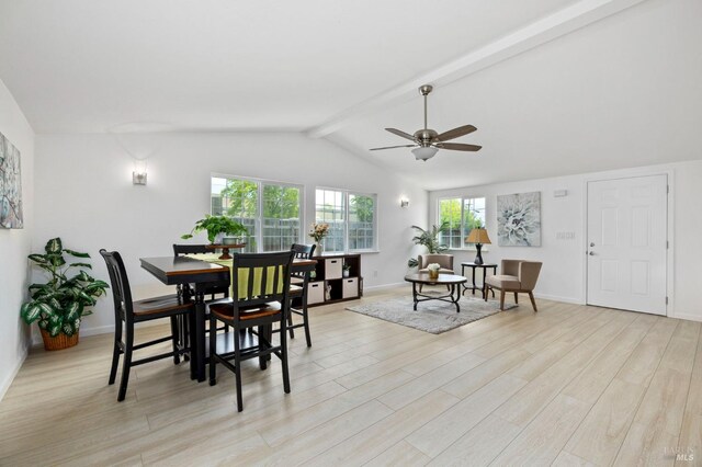 240 Rinaldo Dr, Vallejo, CA 94589 - dining room with ceiling fan, baseboards, vaulted ceiling with beams, and light wood-type flooring