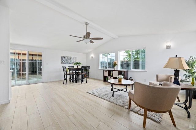 240 Rinaldo Dr, Vallejo, CA 94589 - living room featuring ceiling fan, baseboards, lofted ceiling with beams, and wood finished floors