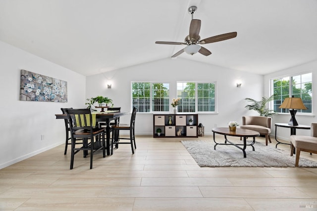 240 Rinaldo Dr, Vallejo, CA 94589 - dining room featuring baseboards, a ceiling fan, vaulted ceiling with beams, and light wood-style floors