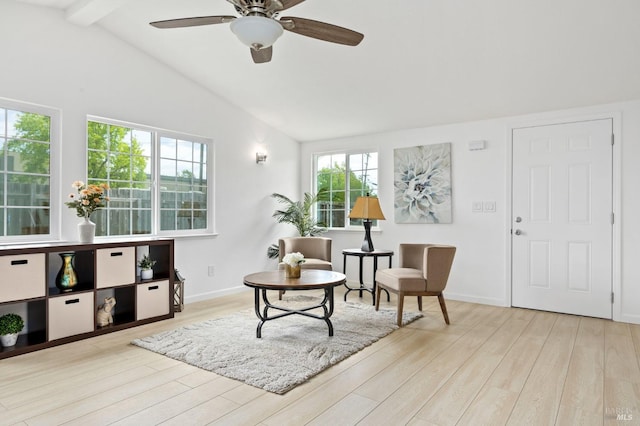 240 Rinaldo Dr, Vallejo, CA 94589 - sitting room with wood finished floors, vaulted ceiling with beams, baseboards, and ceiling fan