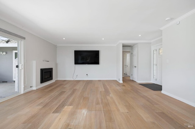 331 Laurel Leaf Pl, Santa Rosa, CA 95409 - unfurnished living room with recessed lighting, light wood finished floors, crown molding, baseboards, and a fireplace