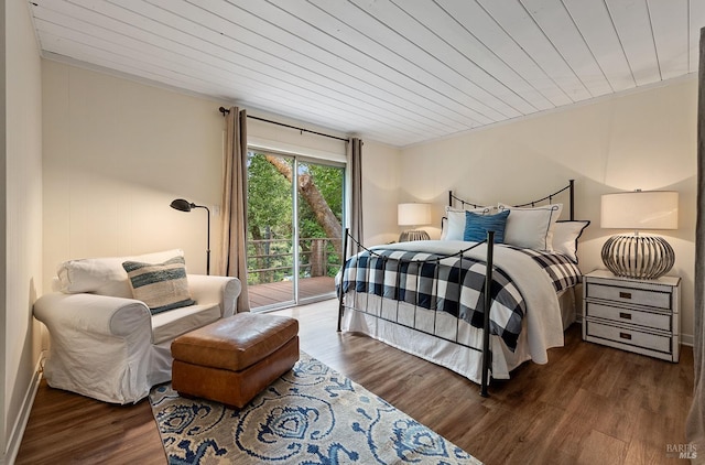 bedroom with wood finished floors, ornamental molding, access to exterior, and wooden ceiling