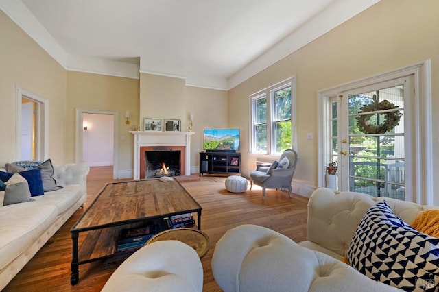living room featuring a warm lit fireplace, wood finished floors, and baseboards
