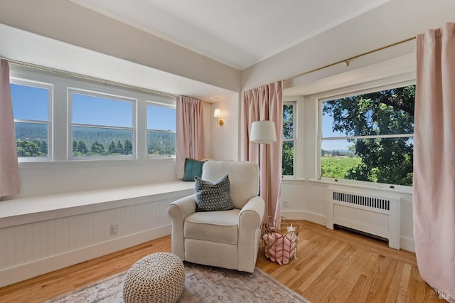 living area with wainscoting, plenty of natural light, wood finished floors, and radiator