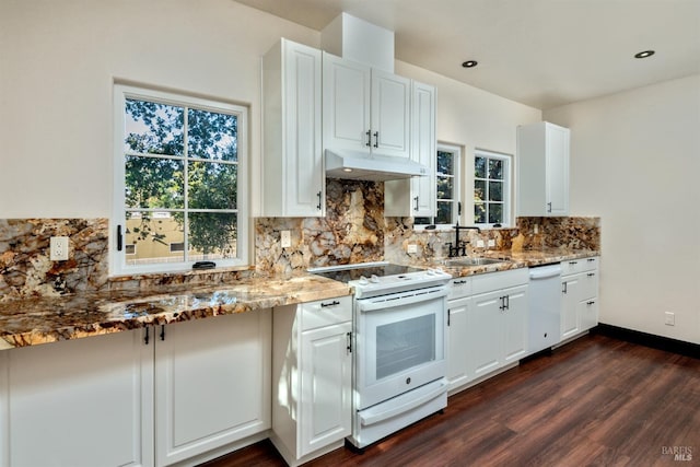 542 College Ave, Santa Rosa, CA 95404 - kitchen with dark wood-style floors, under cabinet range hood, white appliances, light stone countertops, and tasteful backsplash