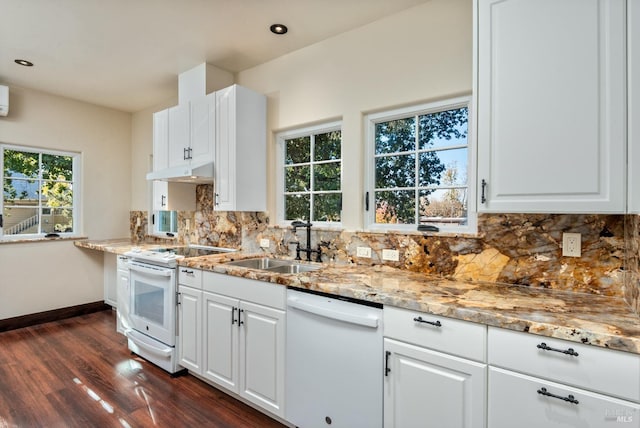 542 College Ave, Santa Rosa, CA 95404 - kitchen with a sink, baseboards, white appliances, under cabinet range hood, and dark wood-type flooring