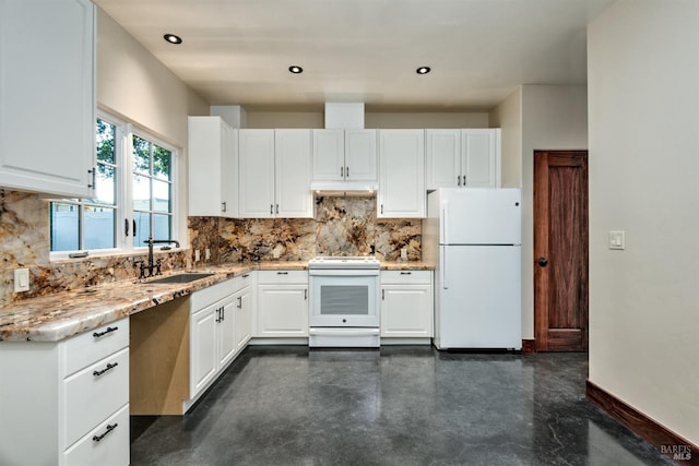 542 College Ave, Santa Rosa, CA 95404 - kitchen featuring white cabinets, under cabinet range hood, a sink, white appliances, and tasteful backsplash