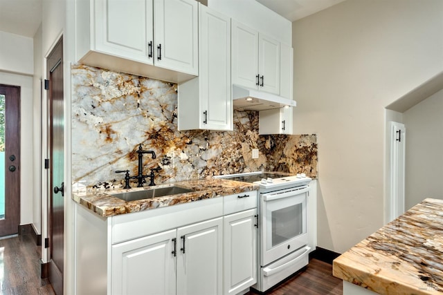 542 College Ave, Santa Rosa, CA 95404 - kitchen with white range with electric cooktop, tasteful backsplash, a sink, under cabinet range hood, and dark wood-style floors