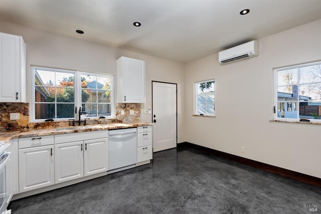 542 College Ave, Santa Rosa, CA 95404 - kitchen with a wall mounted air conditioner, light stone counters, a sink, white appliances, and tasteful backsplash