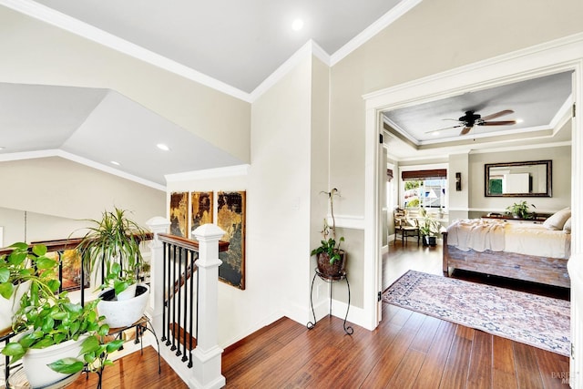470 Camellia Ct, Benicia, CA 94510 - interior space featuring baseboards, wood finished floors, an upstairs landing, and ornamental molding