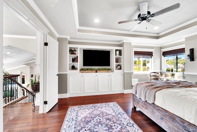470 Camellia Ct, Benicia, CA 94510 - bedroom featuring dark wood-type flooring, crown molding, a tray ceiling, and recessed lighting