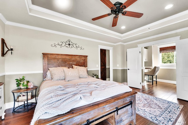470 Camellia Ct, Benicia, CA 94510 - bedroom featuring dark wood finished floors, baseboards, crown molding, and a tray ceiling