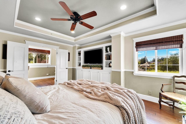 470 Camellia Ct, Benicia, CA 94510 - bedroom with baseboards, a raised ceiling, ornamental molding, and wood finished floors