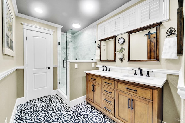 470 Camellia Ct, Benicia, CA 94510 - full bath featuring tile patterned floors, a shower stall, double vanity, and a sink