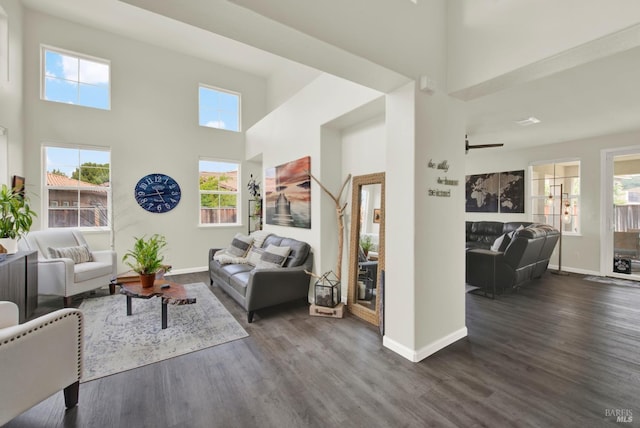 living area with baseboards, a high ceiling, and dark wood-style floors